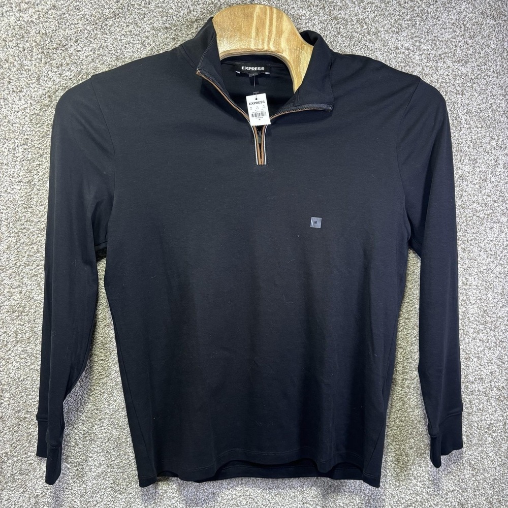 NWT Express Sweater Mens Medium Black Cotton 1/4 Zip Mock Neck‎ Long Sleeve